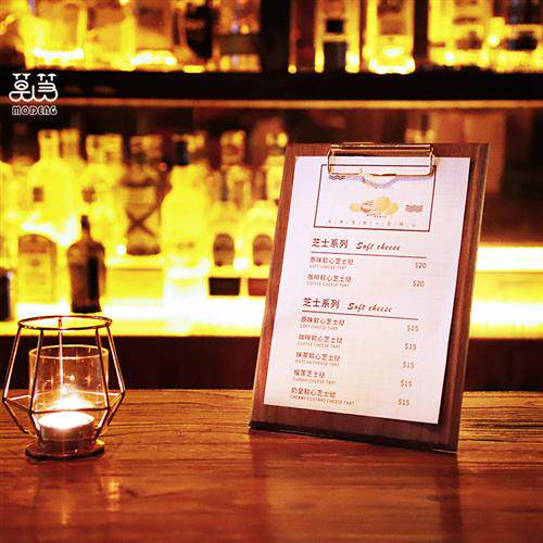 胡桃木菜单夹立式定制logo写字垫板A4A5黄铜板夹咖啡奶茶店展示牌