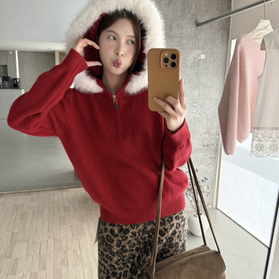 VI+（唯一家）-简约连帽半拉链加厚保暖毛衣(配可拆卸毛领)50913