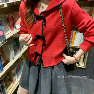 SUSAN 复古千金韩风气质温柔立体蝴蝶结保暖毛衣2398s