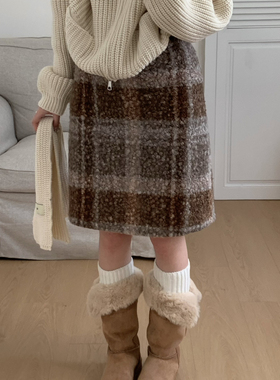 Flower & April-英伦报社韩系减龄圈圈格子加绒高腰半身裙160959