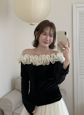 Flower & April-花边一字领露肩显瘦丝绒小衫160997