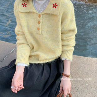 SUSAN 心动毛衣韩系质感翻领花朵刺绣软糯保暖毛衣2365s