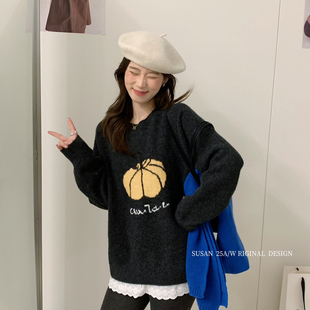 SUSAN 厚实花边拼接慵懒保暖毛衣2107s 韩系冬季