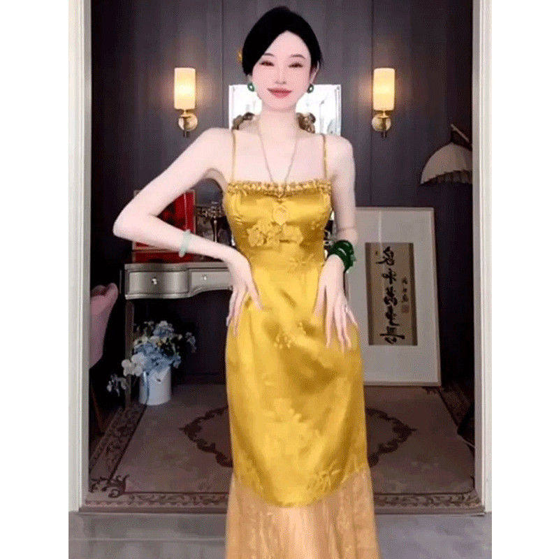 《现货》下摆拼网纱金色
