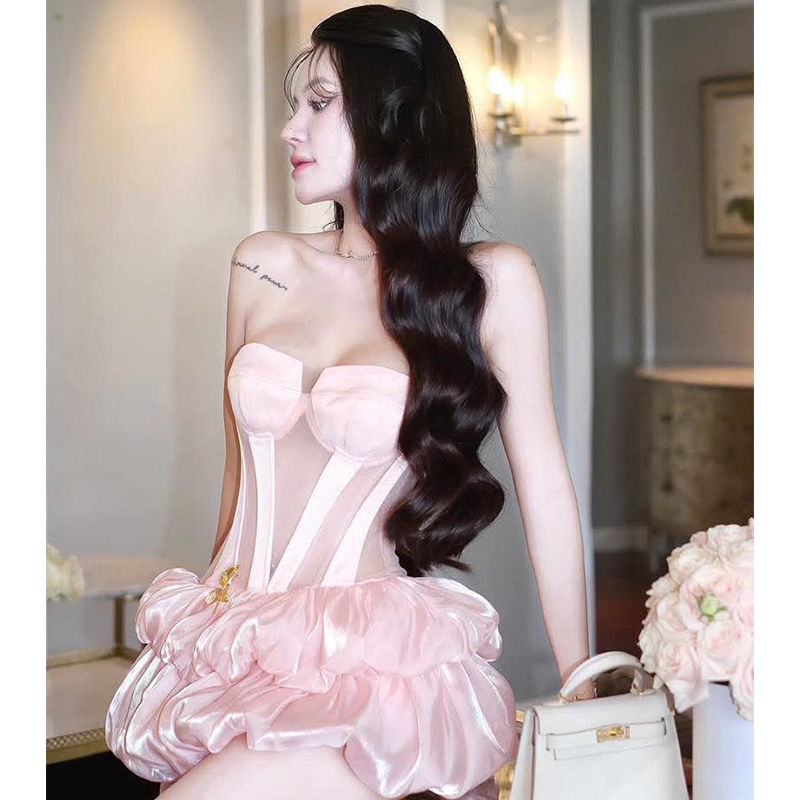 越南黑色纯欲风性感透视抹胸连衣裙女夏季高级感气质辣妹宴会礼服