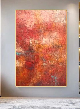 XD手绘客厅装饰画美式橙色沙发背景墙挂画肌理感大V幅落地画玄关
