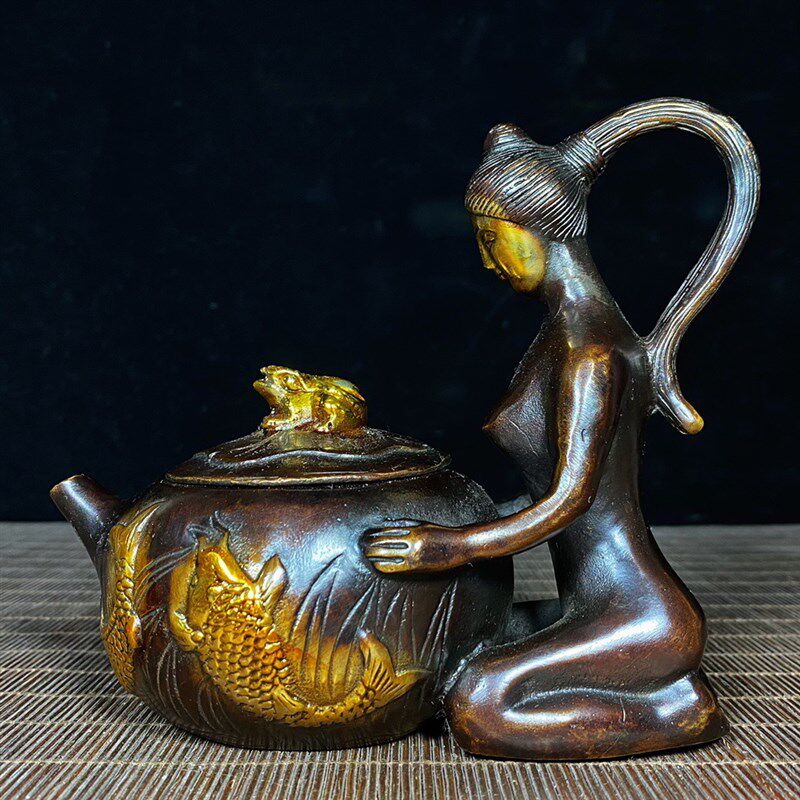 古玩古董杂项 乾隆年款白铜铸z造裸女诗文茶壶 水壶居家装饰收藏