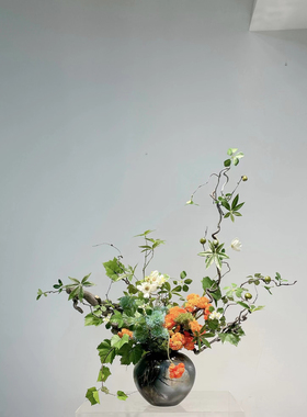 售楼处会所酒店前台橙色系长条仿真花艺原创干花成品摆件