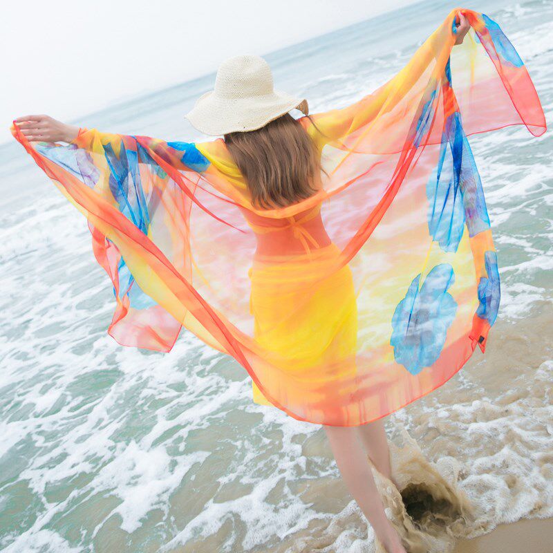 2021新女式韩版真丝质感丝巾长款超大海边沙滩巾纱巾围巾披肩两用