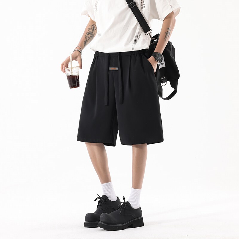 黑色休闲西装短裤男款夏季美式高腰阔腿裤宽松直筒运动四五分裤子