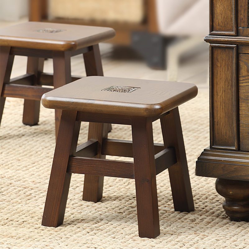 美式小板凳复古实木矮凳子欧式家用客厅茶几沙发脚凳儿童换鞋凳