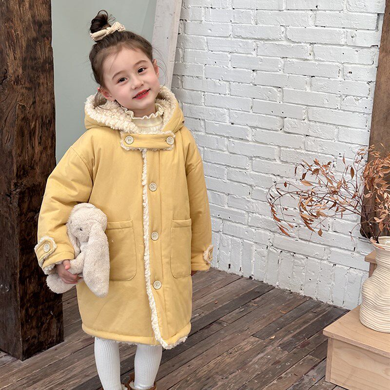 女童中长款风衣连帽棉服宝宝冬季外套儿童韩版洋气保暖加厚棉衣潮