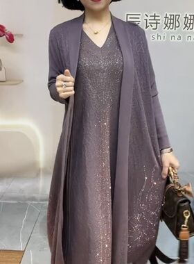 重工烫钻冰麻针织外套婚宴礼服中年妈妈时尚气质连衣裙两件套