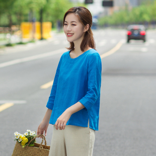百搭上衣简约套头衫 2020夏款 旅行文艺纯苎麻宽松T恤女圆领七分袖