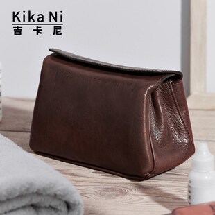 吉卡尼 头层牛皮洗漱包复古w简约大容量化妆包男女旅行便携收纳包