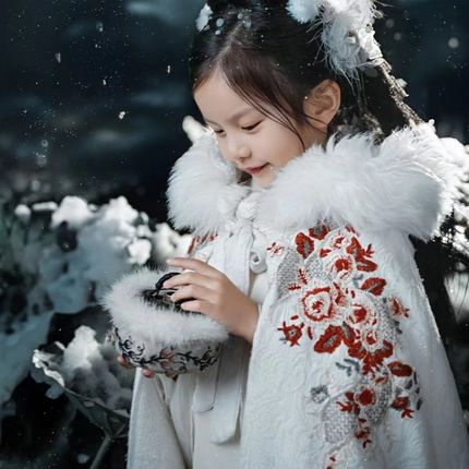 雪梅汉服女童斗篷秋冬外出披风白色E加绒加厚古风中式刺绣长款连