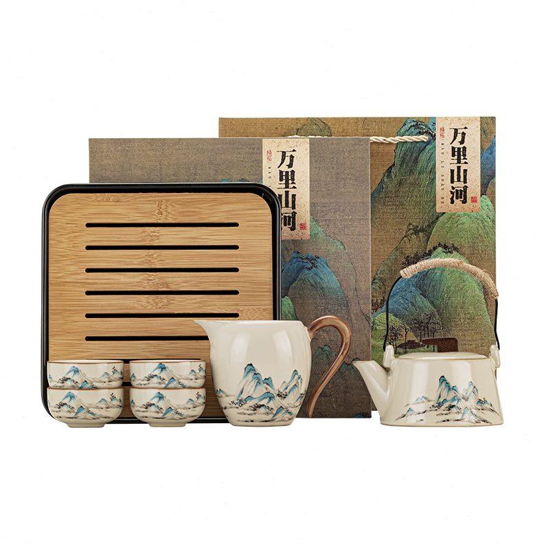国潮风汝窑一壶四杯茶盘家用陶瓷功夫茶具泡茶套装公司礼品盒定制