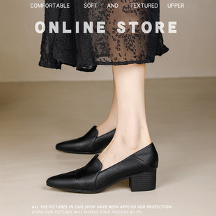 复古小尖头单鞋3.5跟4.5高跟软底软皮粗跟可加绒休闲优雅不费力