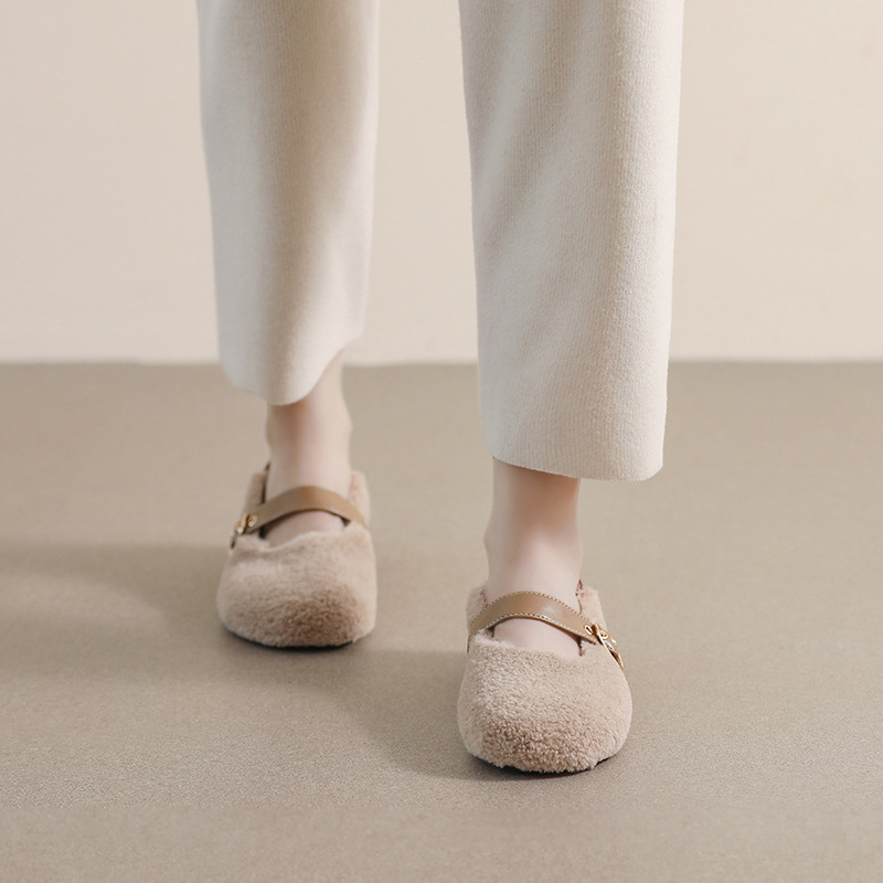 毛毛鞋女外穿豆豆鞋秋冬加绒一字带玛丽珍鞋软底圆头平底单鞋女