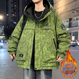 秋冬款加绒加厚外套男青少年棉衣潮流帅气初中学生大童冲锋衣夹克