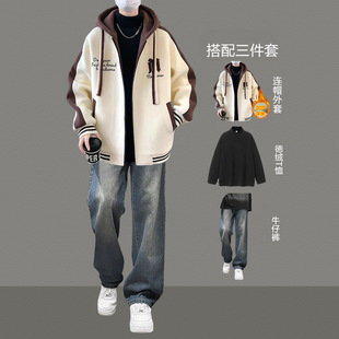 重磅青少年帅气美式男生三件套秋冬连帽拼色卫衣休闲运动套装男士