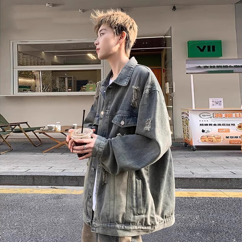 初秋破洞牛仔外套男春秋款潮牌高级感痞帅宽松美式夹克复古上衣服