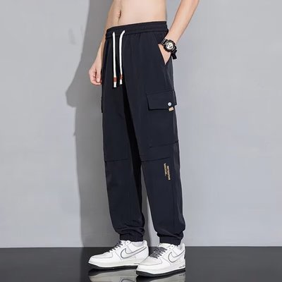 春秋季新款男士韩版多口袋松紧字母刺绣工装休闲裤潮情侣百搭