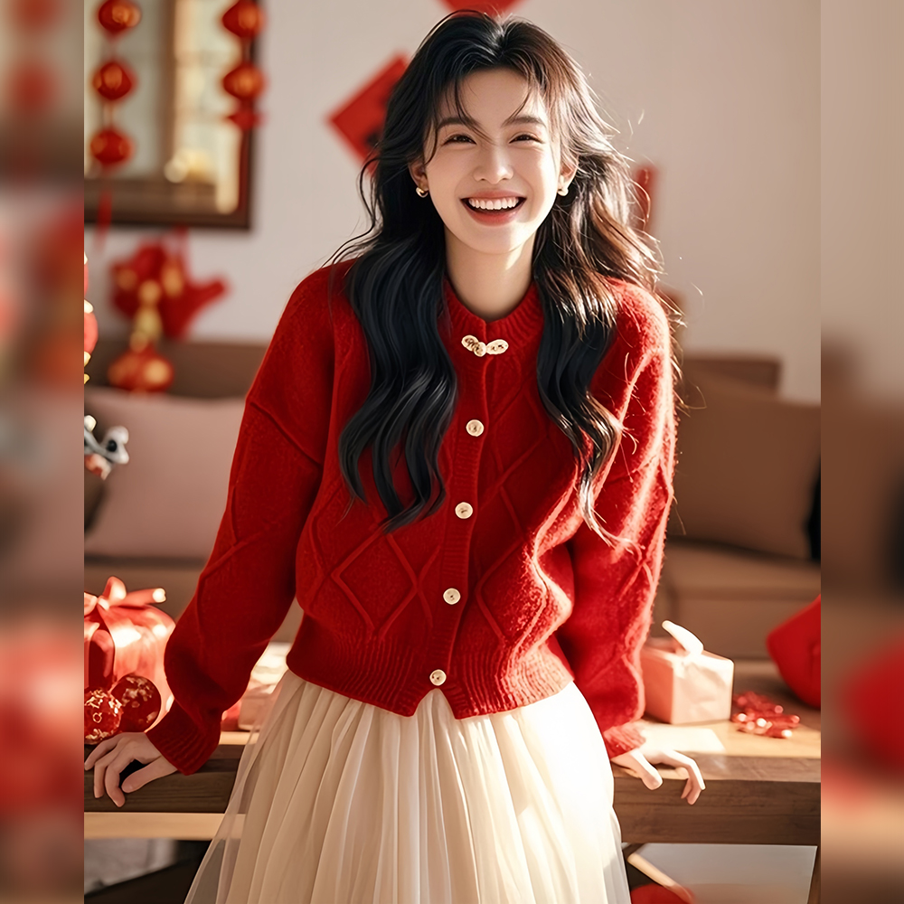 红色针织毛衣开衫女2025春季蛇年本命年新年战袍过年跨年穿搭上衣