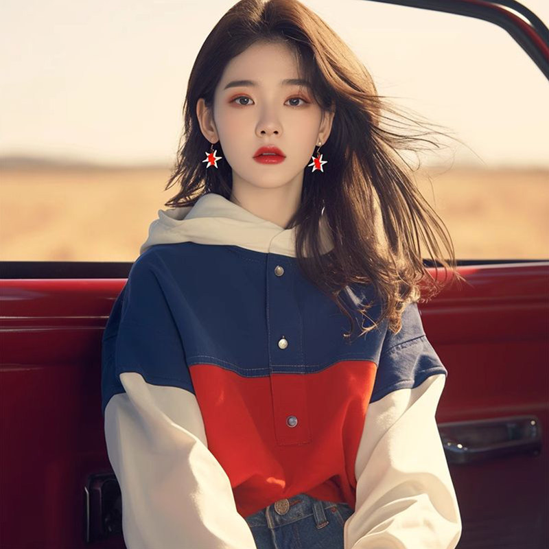 撞色拼接连帽卫衣外套女早秋季女2024新款韩系chic别致洋气上衣