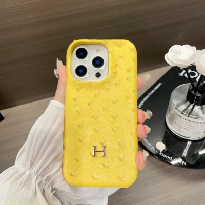 新款17air潮牌H家鸵鸟纹黄适用苹果16promax手机壳iPhone15女款14pro皮质13半包12保护套11防摔plus个性高档