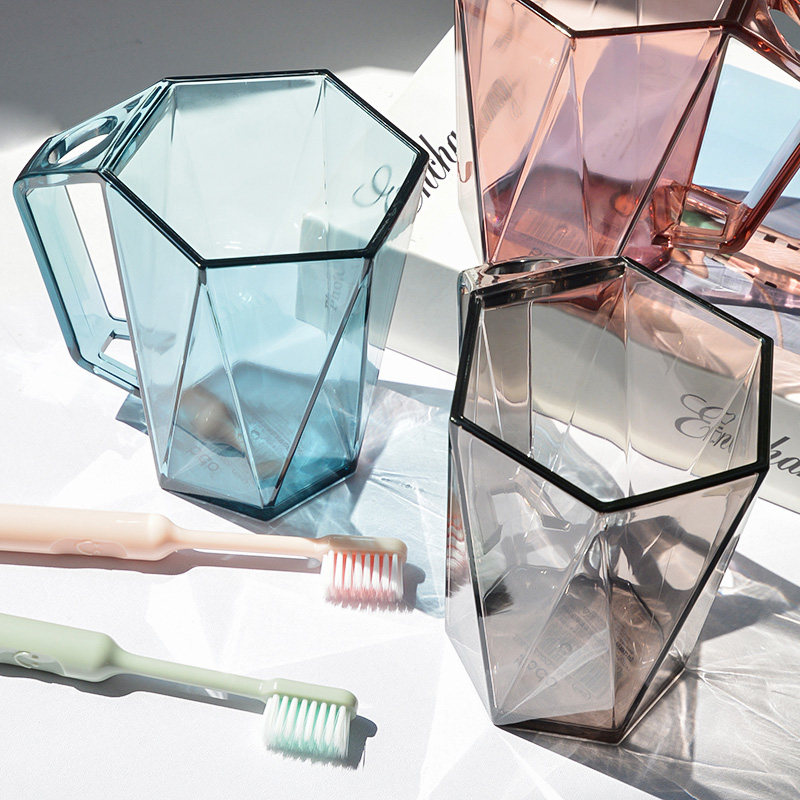 多面体钻石造型SwanLace精选透明彩色仿玻璃塑料防摔牙刷杯漱口杯