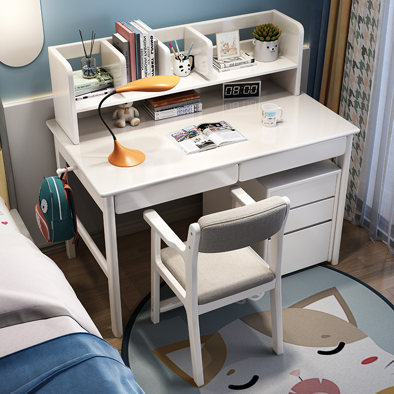 实木书桌带柜简约现代家用白色学习写字桌卧室小电脑桌北欧ins风