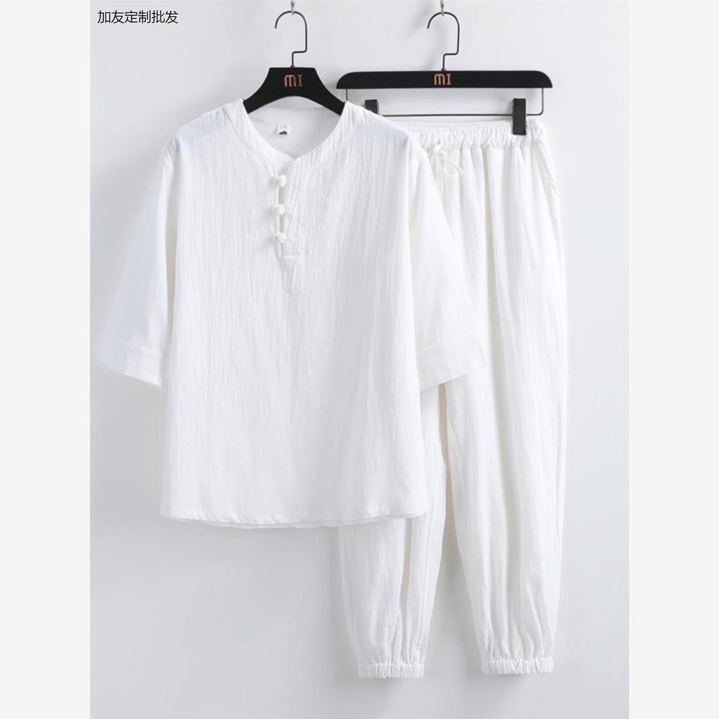 春夏季新款海青居士男女套装打坐白色棉麻道服佛系禅修服大码禅意