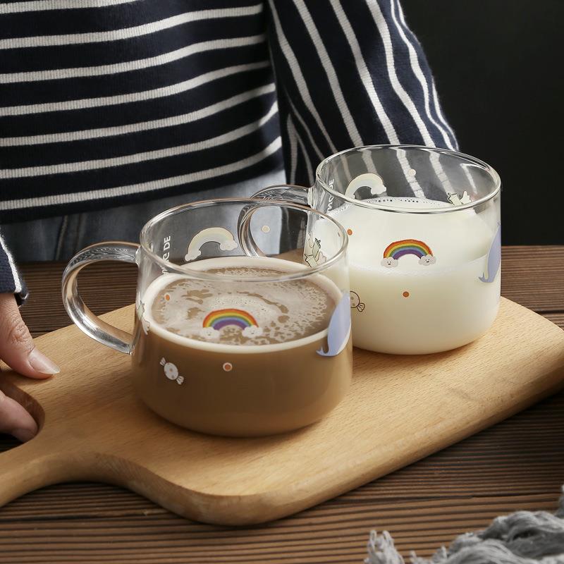 明尚德单层玻璃杯卡通咖啡杯宽口大肚牛奶杯水果茶杯可