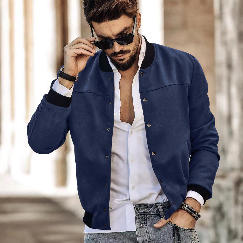 欧美男装立领纽扣开衫夹克棒球服休闲潮流美式外套男Men's jacket