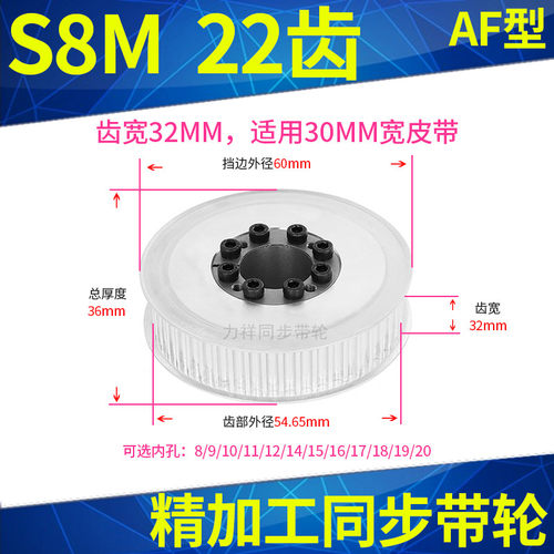 轴衬同步带轮S8M22齿AF带宽30内孔8 10 12141516胀紧套同步轮涨套