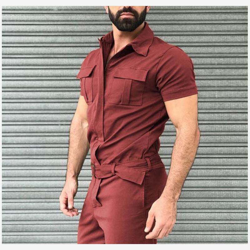 jumpsuits men overalls 跨境连体套装男 束腰带制服工装连体裤