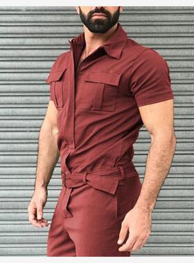 jumpsuits men overalls 跨境连体套装男 束腰带制服工装连体裤