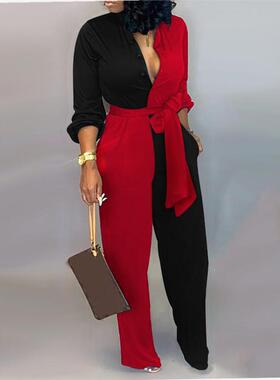 Red Black Overalls Colorblock Long Sleeve Knotted Jumpsuit