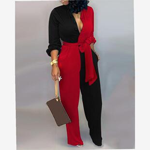 Red Black Overalls Colorblock Long Sleeve Knotted Jumpsuit