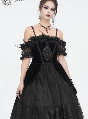 EVA LADY恶魔时尚女装哥特暗黑连衣裙泡泡袖吊带长裙ESKT04501
