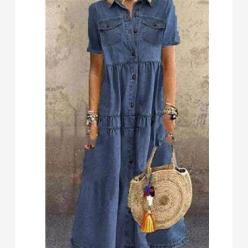 夏季学生POLO领排扣浅蓝口袋A字短袖牛仔连衣裙长款Women's dress,女装/女士精品,连衣裙,淘宝优惠券,粉丝福利购,淘宝优惠卷