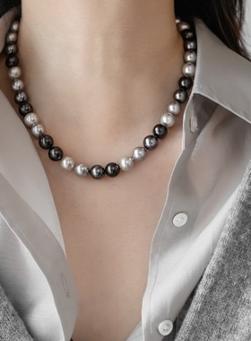 高级感真多麻铂金大溪地灰色系混色珍珠项链女锁骨链颈链不掉