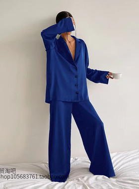 欧美长袖衬衫色丁宽松阔腿裤休闲套装 shirt wide leg pants suit