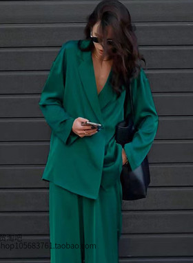 欧美风气质时尚西装长裤垂感缎面套装 satin suit long pants set