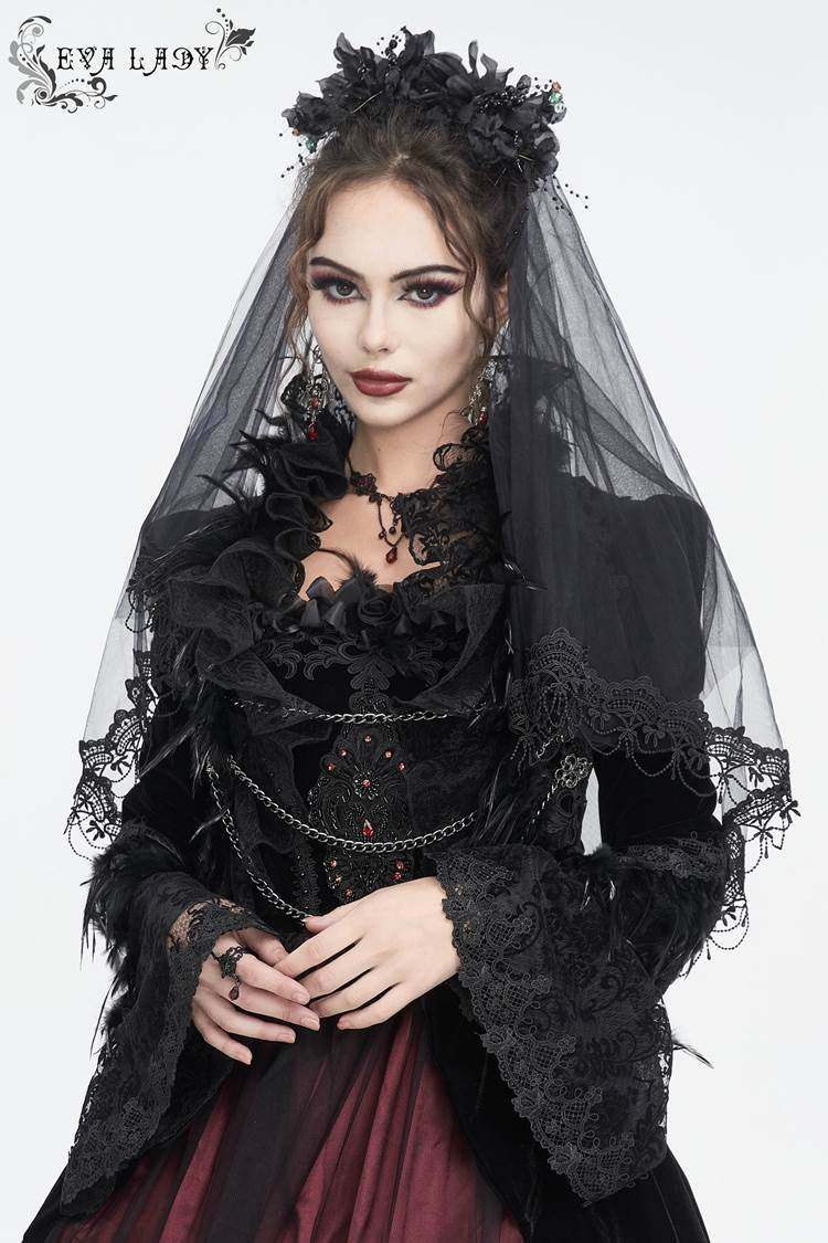 EVA LADY恶魔时尚女装哥特朋克暗黑蕾丝头纱唯美黑色中长款EAS016