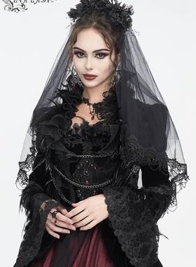EVA LADY恶魔时尚女装哥特朋克暗黑蕾丝头纱唯美黑色中长款EAS016
