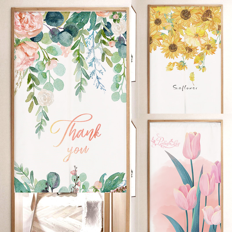 北欧简约门帘布艺卧室厨房卫生间隔断帘免打孔遮挡布帘家用半帘子