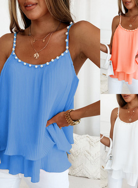 2023欧美风wish亚马逊ebay新款夏性感雪纺压褶珍珠小吊带背心上衣