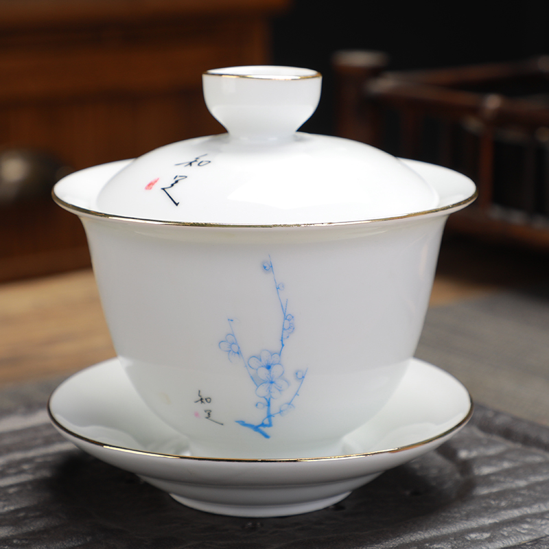 德化白瓷盖碗羊脂白玉瓷薄胎三才碗功夫茶具陶瓷大号茶碗杯手抓壶